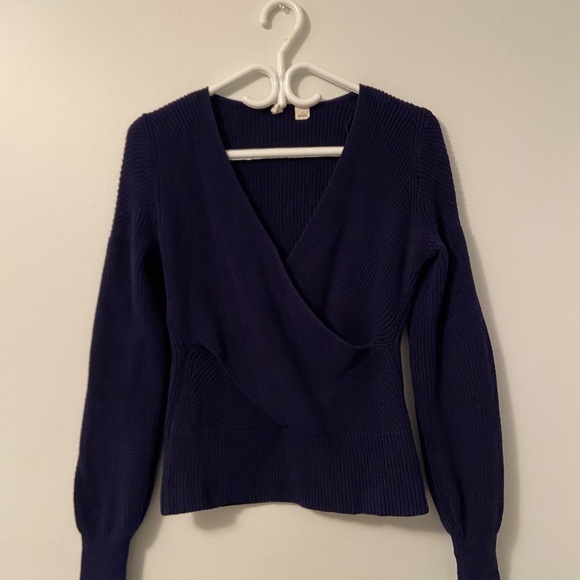 ANTHROPOLOGIE MOTH LIZA NAVY BLUE COTTON V-NECK WRAP SWEATER COASTAL GRANDMA - Picture 2 of 6